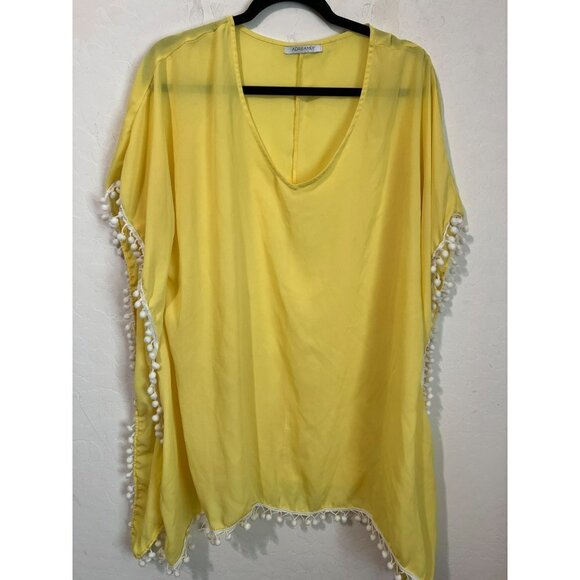 Adreamly OS Bathing Suit Cover Up Yellow with White Pom Pom Fringe One Size - Picture 2 of 5